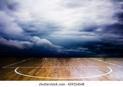 Basketball Court With Storm Cloud Over Background