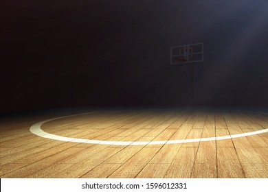 Basketball Court With Wooden Floor And A Basketball Hoop Over Dark Background