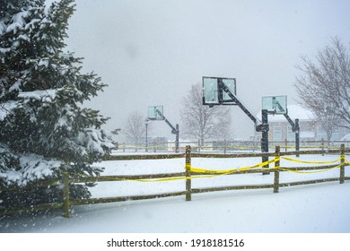 Basketball Courts In Scenic Hudson Park In Irvington, NY In A Snowstorm