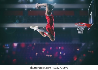 Basketball Game With A High Jump Player To Make A Slam Dunk To The Basket