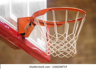 Basketball Hoop Close Up In Old School Sport Gym Hall