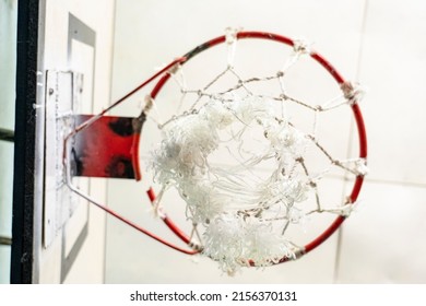 Basketball Hoop In The Old Gym, Cool Old Basketball Hoop In The Gym At School, Close-up Of An Old Vintage Basketball Board, Selective Focus, Tinted Image