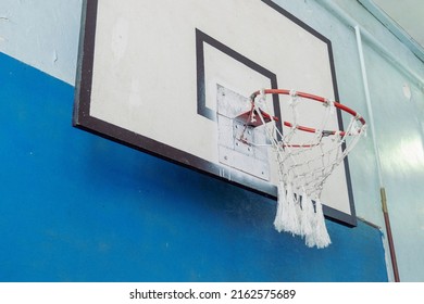 Basketball Hoop In The Old Gym, Cool Old Basketball Hoop In The Gym At School, Close-up Of An Old Vintage Basketball Board, Selective Focus, Tinted Image