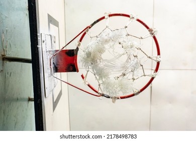 Basketball Hoop In The Old Gym, Cool Old Basketball Hoop In The Gym At School, Close-up Of An Old Vintage Basketball Board, Selective Focus, Tinted Image