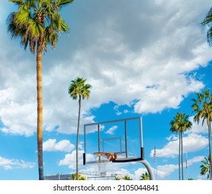 Basketball hoop and palm trees in Venice Beach under a cloudy sky. California, USA