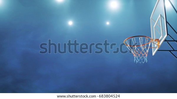 Basketball hoop\
in a professional basketball arena.\

