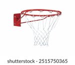 Basketball hoop, a red metal rim mounted on a backboard, featuring a white net, commonly used in outdoor or indoor courts for the sport of basketball, emphasizing gameplay and scoring.