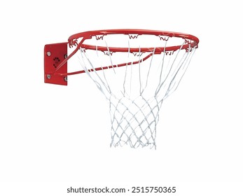 Basketball hoop, a red metal rim mounted on a backboard, featuring a white net, commonly used in outdoor or indoor courts for the sport of basketball, emphasizing gameplay and scoring.