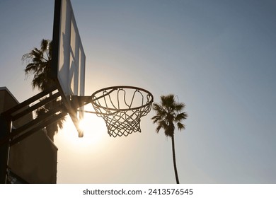 Basketball hoop in the street. Venice Beach, California, next to a palm tree and at sunset. - Powered by Shutterstock