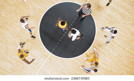 Basketball Match Cinematic Top Down View Shot: Two Multiethnic Opposing Team Players Fighting for Possession of the Ball. Beginning Of International Tournament With Professional Basketballers. - Powered by Shutterstock