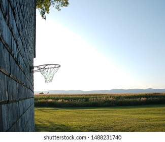 Basketball net on a barn. 