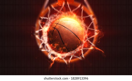 basketball on fire and basketball hoop with roof stadium texture on background