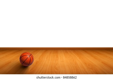 A basketball on the wooden floor to add text on wall