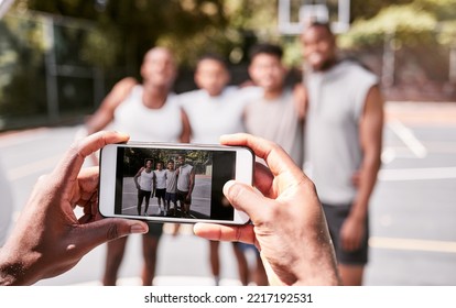 Basketball, Phone And Screen With People Team Photo For Game, Competition Or Outdoor Social Media Post. Athlete Sports Group Of Men With Cellphone Picture After Training And Workout On Sport Court