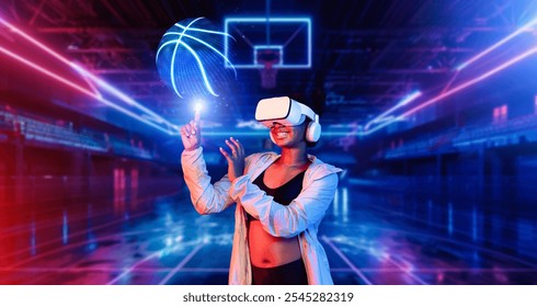 Basketball player holding basketball hologram at futuristic sport arena. Energetic athlete or sport person practicing basketball skill by using augmented reality technology. Innovation. Ingenuity.. - Powered by Shutterstock