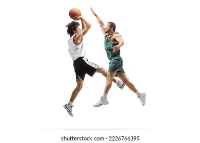 Basketball player jumping and performing blocking to another player isolated on white background - Powered by Shutterstock