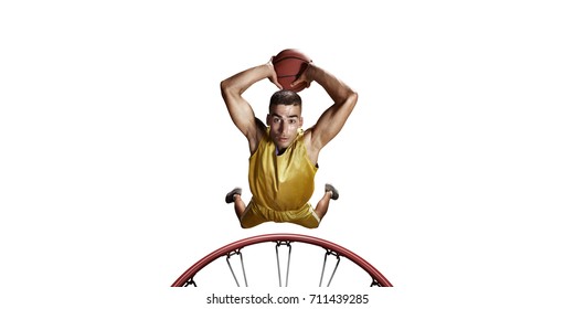 Basketball Player Make Slum Dunk On A White Background. Isolated Basketball Player In Unbranded Clothes.