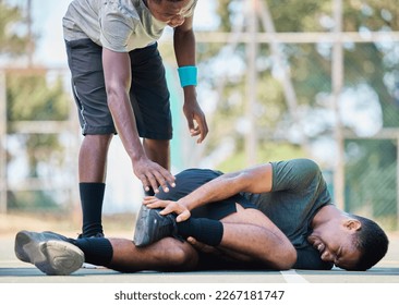 Basketball player, man with injury, ankle pain and sports trauma, fitness emergency and first aid accident or risk and wound. Black man, basketball court and leg pain, muscle inflammation and problem - Powered by Shutterstock