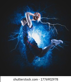 Basketball player players in action. Basketball concept on lightning background