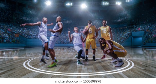 Basketball Players Emotionally Rejoice At Victory On Professional Basketball Stadium. Players From Opposing Teams Are Sad Because Of The Defeat