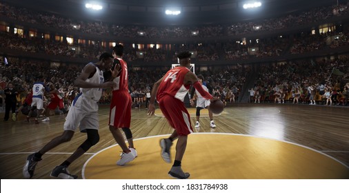 Basketball Players On Big Professional Arena During The Game. Tense Moment Of The Game. Stadium And Crowd Are Made In 3d.