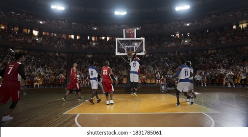 Basketball Players On Big Professional Arena During The Game. Tense Moment Of The Game. Stadium And Crowd Are Made In 3d.