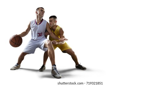 Basketball Players On A White Background During The Game. Isolated Basketball Players In Unbranded Clothes.