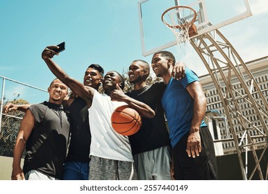 Basketball selfie, black people team for game, competition or outdoor social media post update on blue sky mock up. Influencer sports group of men using phone or cellphone for portrait digital memory - Powered by Shutterstock