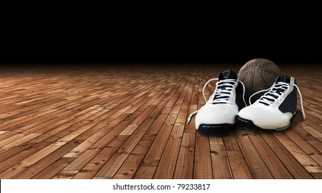 Basketball Shoes And Ball On The Court