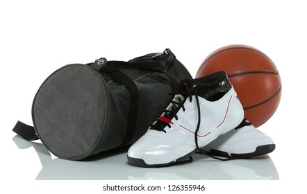 Basketball, Shoes And Gym Bag Isolated On White