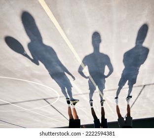 Basketball, Shoes And Silhouette Of Team Upside Down On Basketball Court Training For Game Or Competition. Fitness, Sports And Shadow Of Basketball Players Ready For Exercise, Workout Or Practice.