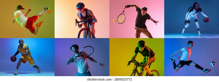 Basketball, soccer, tennis and cycling. Collage of different professional male and female sportsmen in action at studio on multicolored background in neon. Flyer for ad. Motion, action, sport concept - Shutterstock ID 2005015772