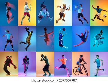 Basketball, soccer, tennis and cycling. Collage of different professional male and female sportsmen in action at studio on multicolored background in neon. Flyer for ad. Motion, action, sport concept