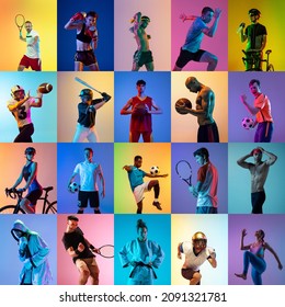 Basketball, soccer, tennis, cycling, swimming and hockey. Photo set of multi ethnic professional sportsmen, fit men and women posing isolated on multicolor background in neon. Poster for ad. - Powered by Shutterstock