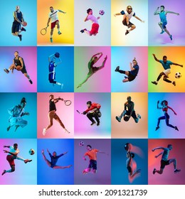 Basketball, Soccer, Tennis, Gymnastics, Ballet And Judo. Set Of Images Of Different Professional Sportsmen, Fit People In Action, Motion Isolated On Multicolor Background In Neon. Poster For Ad.