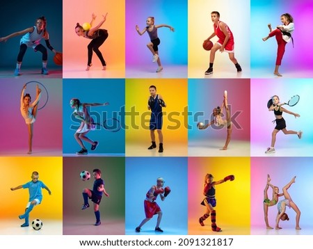 Basketball, soccer, tennis, gymnastics, box and judo. Set of images of young sportsmen, little boys and girls in action, motion isolated on multicolor background in neon light. Poster for ad.
