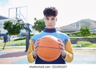 Basketball, Sports And Man Training For Game On An Outdoor Court In Summer. Portrait Of A Professional Athlete With Motivation Playing Cardio Sport And Fitness With A Ball For Competition Or Event