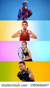 Basketball, Tennis And Box. Collage Of For Kids, Sportsmen Posing Isolated Over Multicolored Background In Neon Light. Flyer. Concept Of Sport, Achievements, Competition, Championship, Childhood