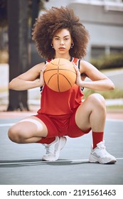 Basketball, Training And Sport Player With A Ball Ready To Start Workout, Exercise And Game. Portrait Of A Black Woman Athlete With Sports Motivation And Fitness Focus On A Outdoors Court With