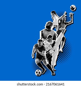 Basketball, volleyball, tennis, soccer and hockey players isolated on blue background. Sport collage. Poster graphics. Concept of sport, action, art, creativity, magazine style. Copy space for ad