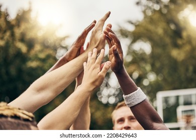 Basketball, winner and hands, team high five for outdoor game. Success, diversity and victory goal for sports for men. Teamwork, diversity and support, friends on basketball court together with coach - Powered by Shutterstock