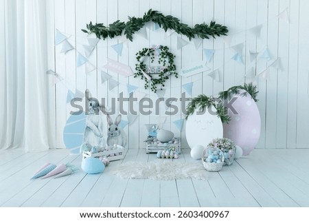 Baskets with colorful Easter eggs and carrots! Holiday flags and festive wreath on wall. Child room in the spring style. Colorful Easter room interior design with decorative figurine bunny or rabbit. 