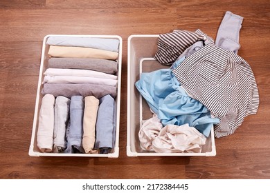 Baskets With Neat Piles Of Laundry And A Scattered Pile Of Clothes. The Concept Of Cluttering, Washing, Organizing Order.