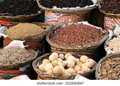 Baskets Of Various Spices. Traditional Trade In Tea And Spices In The Arab African Or Asian Market