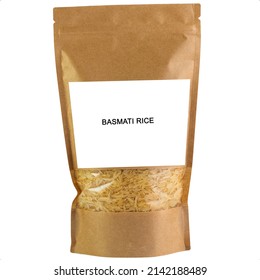 Basmati Rice Groats In A Brown Paper Bag. Doy-pack With A Plastic Window For Bulk Products. Close-up. White Background. Isolated.