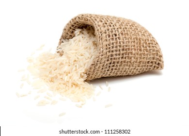 Basmati Rice In A Miniature Burlap Bag Isolated On White