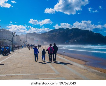 Basque Country, Zarautz Beach People Walking