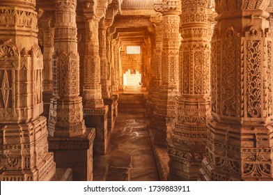 Bas-relief at columns at famous ancient Ranakpur Jain temple in Rajasthan state, India