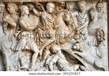 Bas-relief and sculpture of ancient Roman soldiers