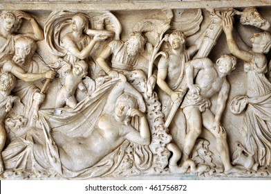 Bas-relief And Sculpture Details In Stone Of Roman Gods And Emperors